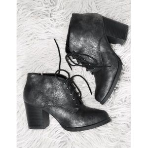 Black Subtle Metallic Lace Up Heeled Booties